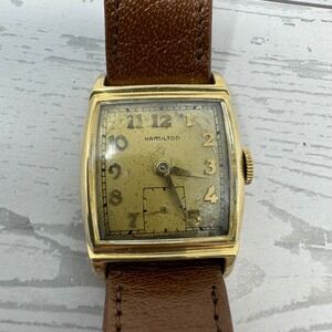 Hamilton Vintage 14K Gold Filled Rectangular Men's Watch Brown Leather Band Tank